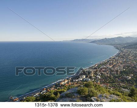 Stock Photo - Italy, Liguria, Pietra Ligure, view of Mediterranean coastline. Fotosearch
