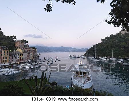 Stock Photo - Italy, Liguria, Portofino, harbor with yachts. Fotosearch