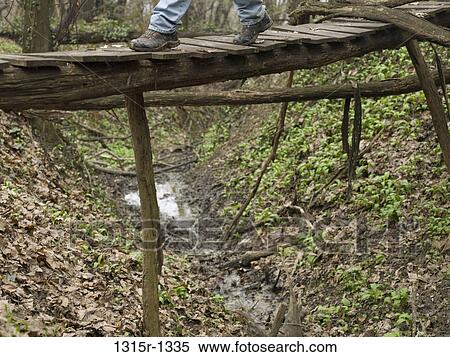 Italy, Piedmont, low section of man walking across footbridge in forest View Large Photo Image Stock Photography - Italy, Piedmont, low section of man walking across footbridge in forest. Fotosearch