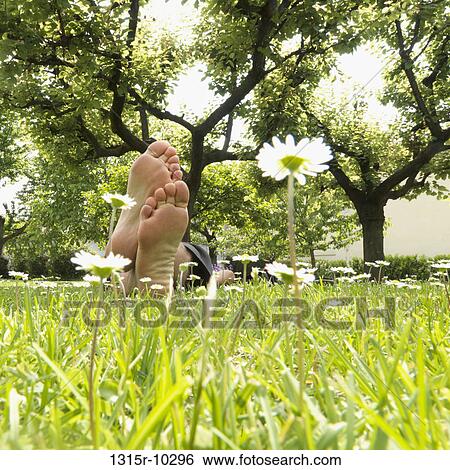 Italy, View past bare feet to man relaxing in meadow of flowers View Large Photo Image Stock Photograph - Italy, View past bare feet to man relaxing in meadow of flowers. Fotosearch