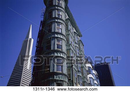 Low angle view of Transamerica Pyramid and Columbus Tower, San Francisco, California, USA View Large Photo Image Stock Photograph - Low angle view of Transamerica Pyramid and Columbus Tower, San Francisco, California, USA. Fotosearch