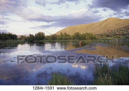 Stock Image - Man fishing in a river, Silver Creek, Idaho, USA. Fotosearch