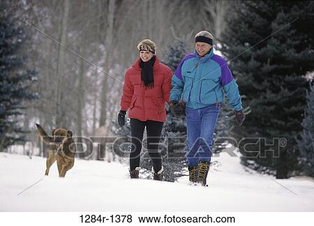 Mid adult couple walking in the snow with their dog View Large Photo Image Stock Photo - Mid adult couple walking in the snow with their dog. Fotosearch