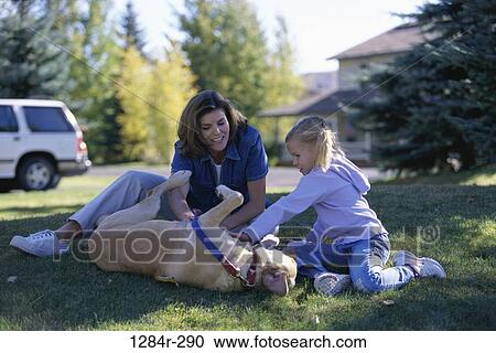Mother and daughter playing with their pet dog on a lawn View Large Photo Image Stock Image - Mother and daughter playing with their pet dog on a lawn. Fotosearch