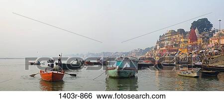 Panorama view of the Ganges riverfront at dawn at Varanasi, India in Uttar Pradesh state View Large Photo Image Stock Photograph - Panorama view of the Ganges riverfront at dawn at Varanasi, India in Uttar Pradesh state. Fotosearch