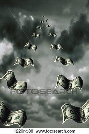 Paper money flying in the clouds View Large Photo Image Stock Photo - Paper money flying in the clouds. Fotosearch