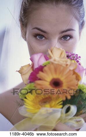 Portrait of a bride holding a bouquet of flowers View Large Photo Image Stock Image - Portrait of a bride holding a bouquet of flowers. Fotosearch