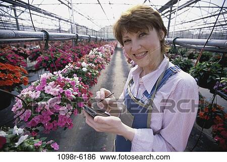 Stock Photograph - Portrait of a businesswoman standing in a greenhouse holding a hand held device. Fotosearch