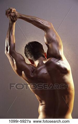 Stock Image - Rear view of a young man flexing his muscles. Fotosearch