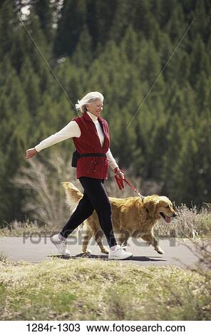 Senior woman walking with her dog in the woods View Large Photo Image Stock Image - Senior woman walking with her dog in the woods. Fotosearch