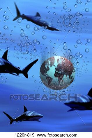 Sharks swimming in water around a globe View Large Photo Image Stock Photo - Sharks swimming in water around a globe. Fotosearch