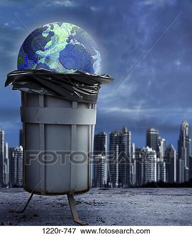 Trash bin with a globe View Large Photo Image Stock Photo - Trash bin with a globe. Fotosearch
