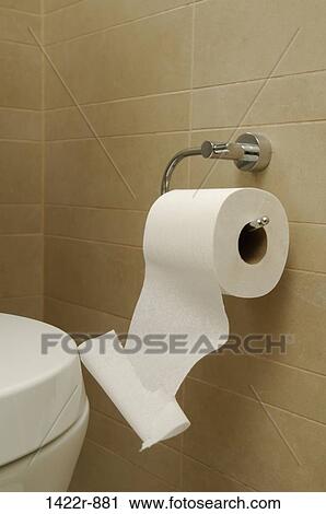 Stock Image - Bathroom toilet and paper roll in use. Fotosearch