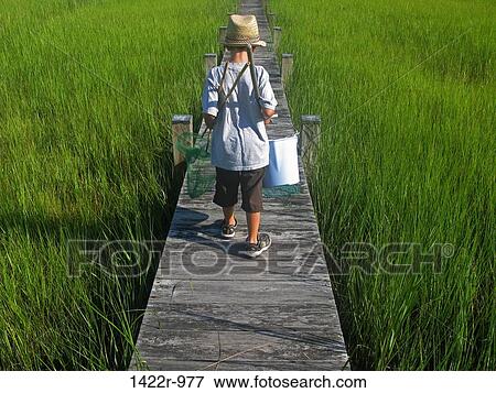 Boy carrying fishing equipment on a boardwalk View Large Photo Image Stock Photo - Boy carrying fishing equipment on a boardwalk. Fotosearch