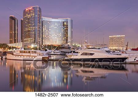 Stock Photo - Buildings at waterfront, San Diego Marriott Hotel And Marina, Seaport Village, San Diego, California, USA. Fotosearch