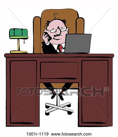 Stock Photo - Business man sitting at desk and working at laptop and talking on mobile phone, illustration. Fotosearch