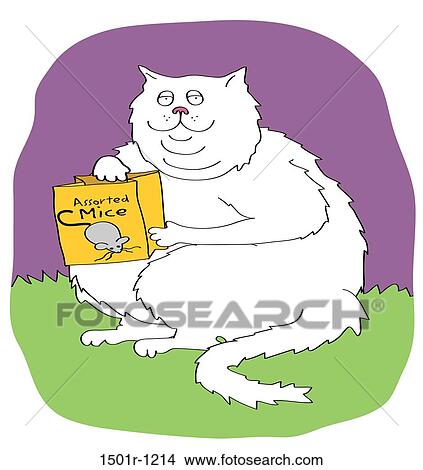 Picture - Cat holding bag with mice, illustration. Fotosearch