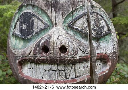 Stock Photograph - Close-up of a totem pole, Kasaan, Alaska, USA. Fotosearch