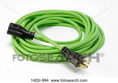 Picture - Coiled green electrical power cord and black plug. Fotosearch