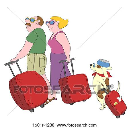 Stock Photo - Couple and dog walking with suitcases, illustration. Fotosearch