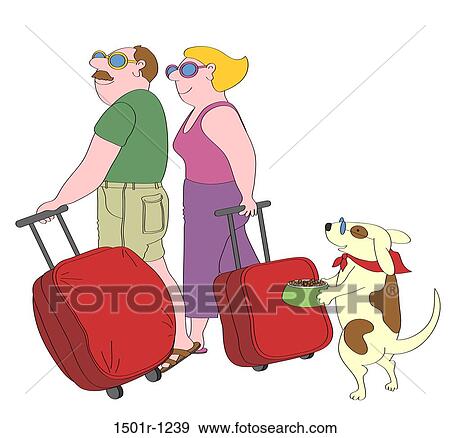 Couple and dog walking with suitcases, illustration View Large Photo Image Stock Photo - Couple and dog walking with suitcases, illustration. Fotosearch