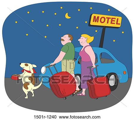 Couple and dog with suitcases at motel sign at night, illustration View Large Photo Image Stock Image - Couple and dog with suitcases at motel sign at night, illustration. Fotosearch