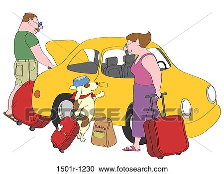 Stock Image - Couple and dog with suitcases standing next to yellow car, illustration. Fotosearch