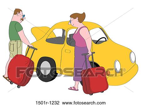Couple with suitcases standing next to yellow car, illustration View Large Photo Image Stock Image - Couple with suitcases standing next to yellow car, illustration. Fotosearch