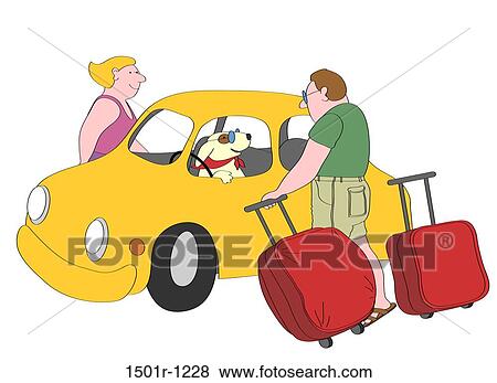 Stock Photo - Couple with suitcases standing next to yellow car, dog sitting on driver's seat, illustration. Fotosearch