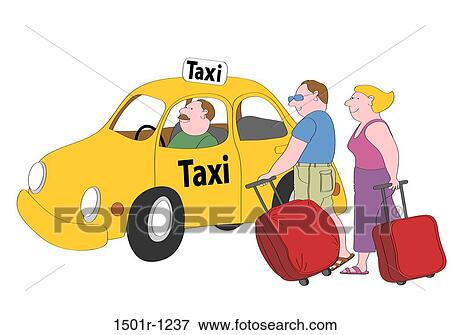Couple with suitcases standing next to yellow cab, illustration View Large Photo Image Stock Photo - Couple with suitcases standing next to yellow cab, illustration. Fotosearch