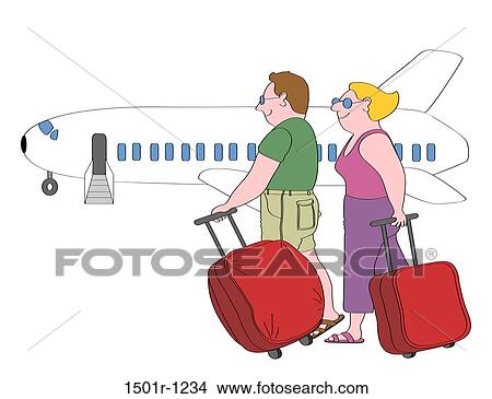 Couple with suitcases walking towards airplane, illustration View Large Photo Image Picture - Couple with suitcases walking towards airplane, illustration. Fotosearch