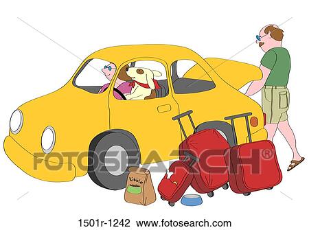 Stock Image - Dog sitting on driver's seat in yellow car, man loading suitcases into trunk, illustration. Fotosearch