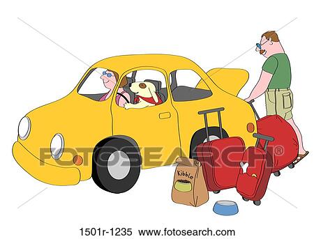 Stock Photography - Dog sitting on driver's seat in yellow car, man loading suitcases into trunk, illustration. Fotosearch