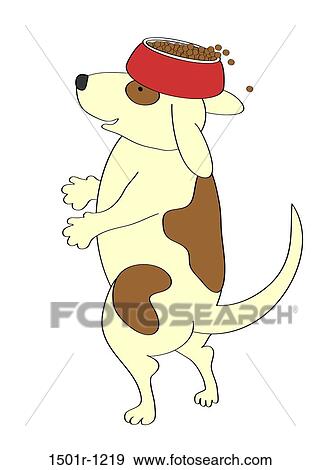 Stock Photo - Dog with bowl full of food standing on hind legs, illustration. Fotosearch