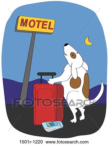 Stock Image - Dog with suitcase looking at motel sign at night, illustration. Fotosearch