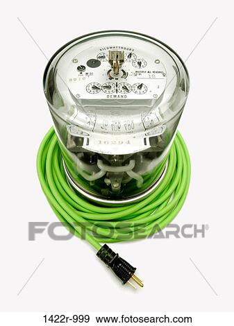 Stock Photo - Electrical supply meter with a green electrical power cord and a black plug. Fotosearch