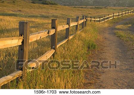 Stock Image - Fence along a trail, Rattlesnake Trail, Barnett Ranch Open Space Preserve, San Diego County, California, USA. Fotosearch