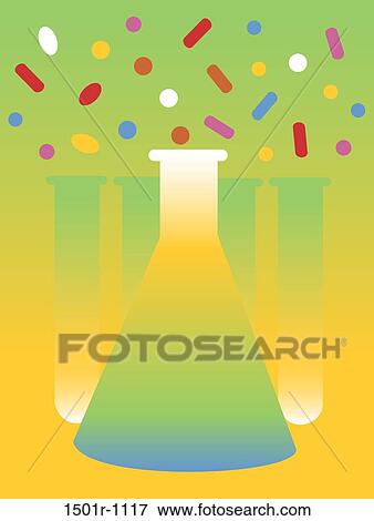 Flask, test tubes and various pills on colored background, illustration View Large Photo Image Stock Photo - Flask, test tubes and various pills on colored background, illustration. Fotosearch