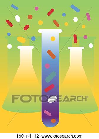 Stock Image - Flasks and test tube filled with various pills, illustration. Fotosearch