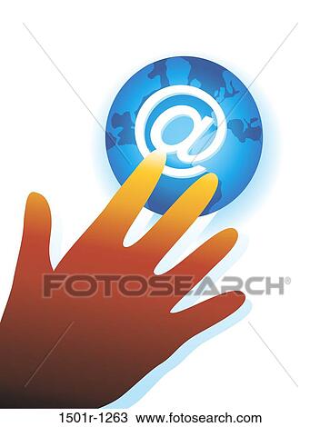 Stock Image - Hand reaching for "at" sign on globe, illustration. Fotosearch
