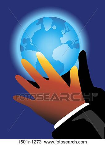 Stock Image - Hand reaching for glowing globe, illustration. Fotosearch
