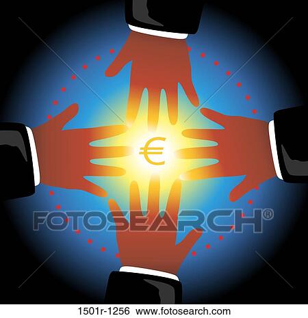 Stock Photograph - Hands reaching for glowing Euro sign, illustration. Fotosearch