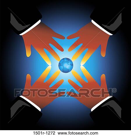 Stock Image - Hands reaching for glowing globe. Fotosearch