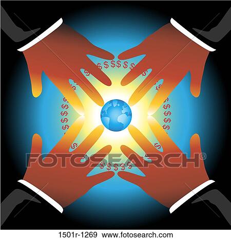 Stock Photo - Hands reaching for glowing globe surrounded with Dollar signs. Fotosearch