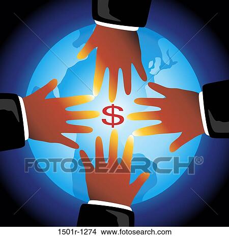Picture - Hands reaching for glowing globe with Dollar sign. Fotosearch