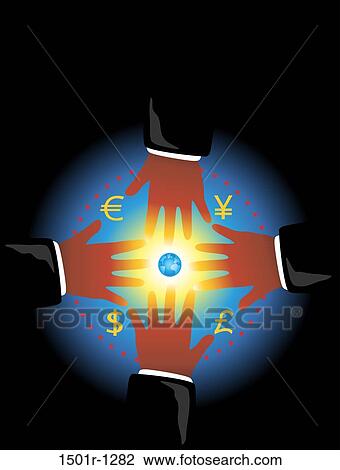 Hands reaching for glowing globe with currencies signs View Large Photo Image Stock Image - Hands reaching for glowing globe with currencies signs. Fotosearch