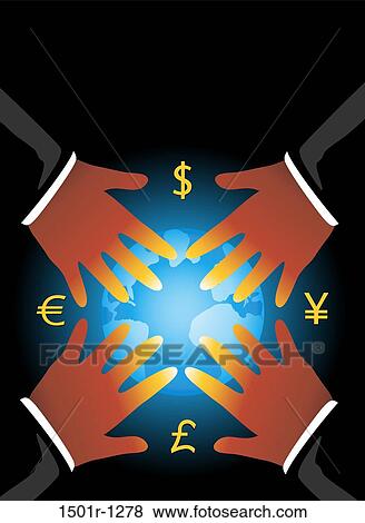 Hands reaching for glowing globe with currencies signs View Large Photo Image Stock Photo - Hands reaching for glowing globe with currencies signs. Fotosearch