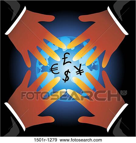 Hands reaching for glowing globe with currencies signs View Large Photo Image Stock Photo - Hands reaching for glowing globe with currencies signs. Fotosearch