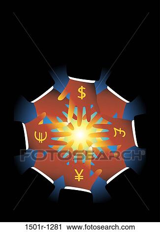 Stock Image - Hands with currencies signs. Fotosearch