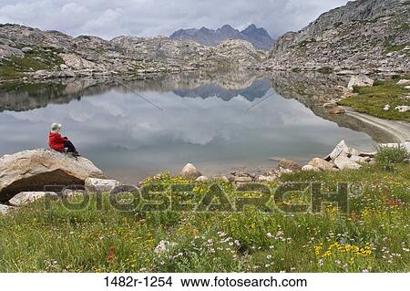 Picture - Hiker sitting on a rock at the lakeside, Bridger-Teton National Forest, Wyoming, USA. Fotosearch